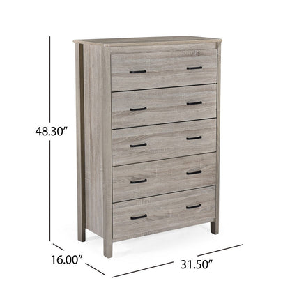 Sifa Tall Dresser Chest, 5 Drawers, Rustic Oak Gray MDF, Black Handles