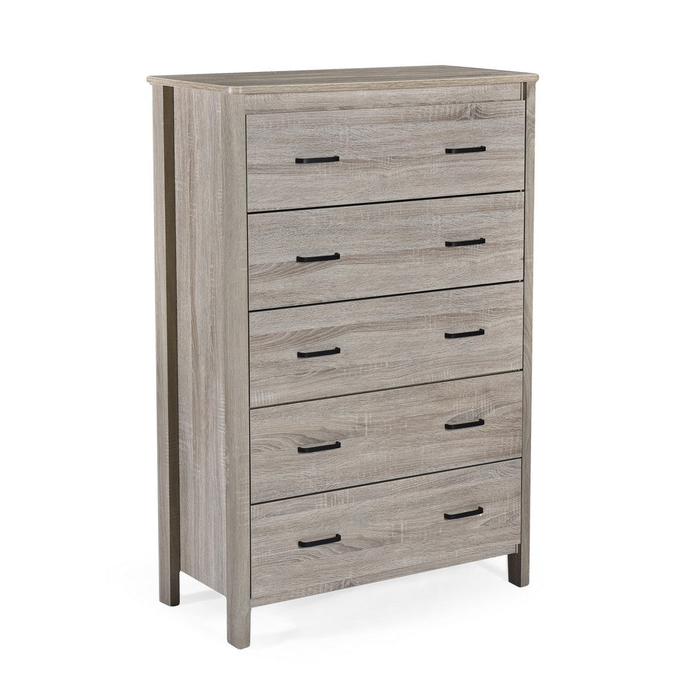 Sifa Tall Dresser Chest, 5 Drawers, Rustic Oak Gray MDF, Black Handles