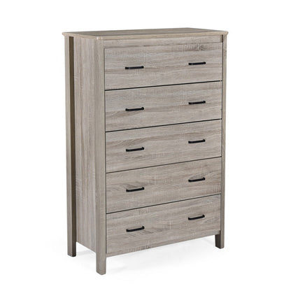Sifa Tall Dresser Chest, 5 Drawers, Rustic Oak Gray MDF, Black Handles