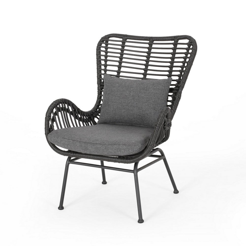 Slay Outdoor Accent Chair Set of 2, 25 Inch, Gray Woven Rattan, Iron Legs