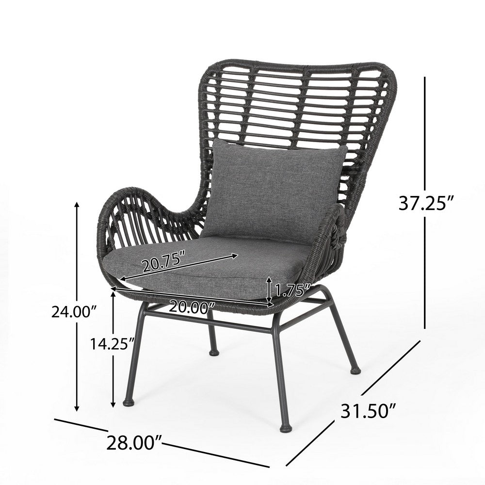 Slay Outdoor Accent Chair Set of 2, 25 Inch, Gray Woven Rattan, Iron Legs