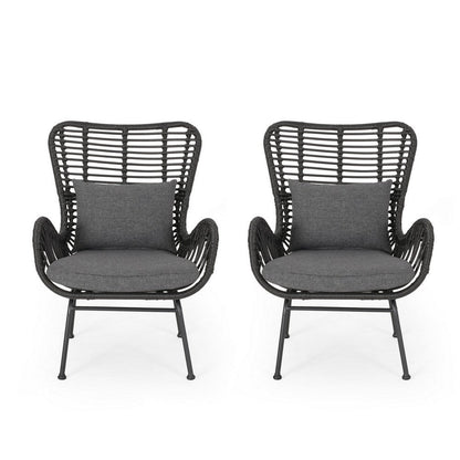 Slay Outdoor Accent Chair Set of 2, 25 Inch, Gray Woven Rattan, Iron Legs