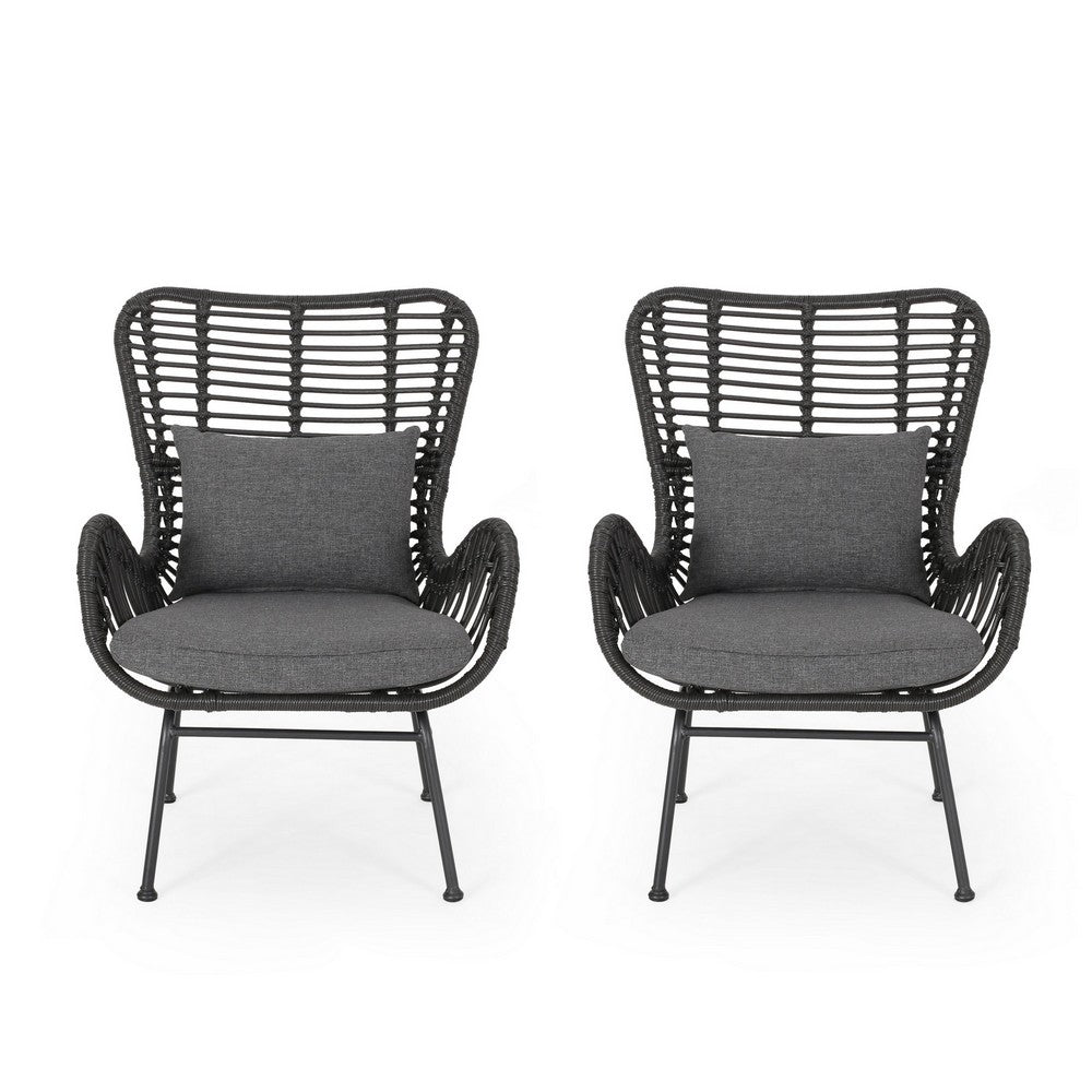 Slay Outdoor Accent Chair Set of 2, 25 Inch, Gray Woven Rattan, Iron Legs