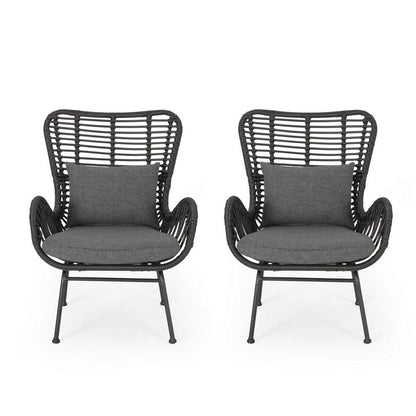 Slay Outdoor Accent Chair Set of 2, 25 Inch, Gray Woven Rattan, Iron Legs