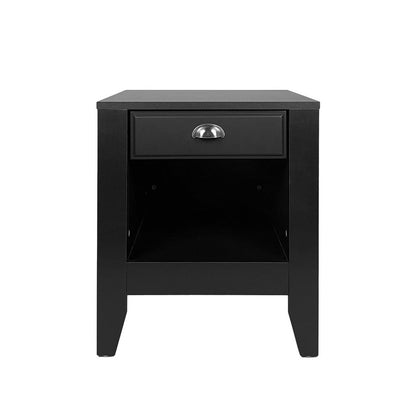 Crown Bedside Nightstand, 21 Inch, 1 Drawer and Open Shelf, Black MDF