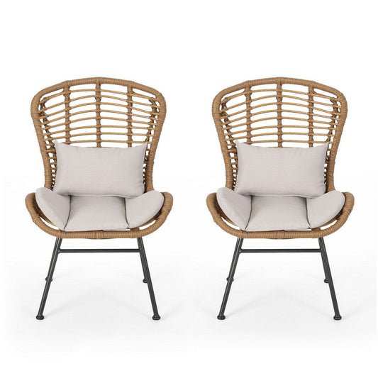 Slay Outdoor Accent Chair Set of 2, 25 Inch, Brown Woven Rattan, Iron
