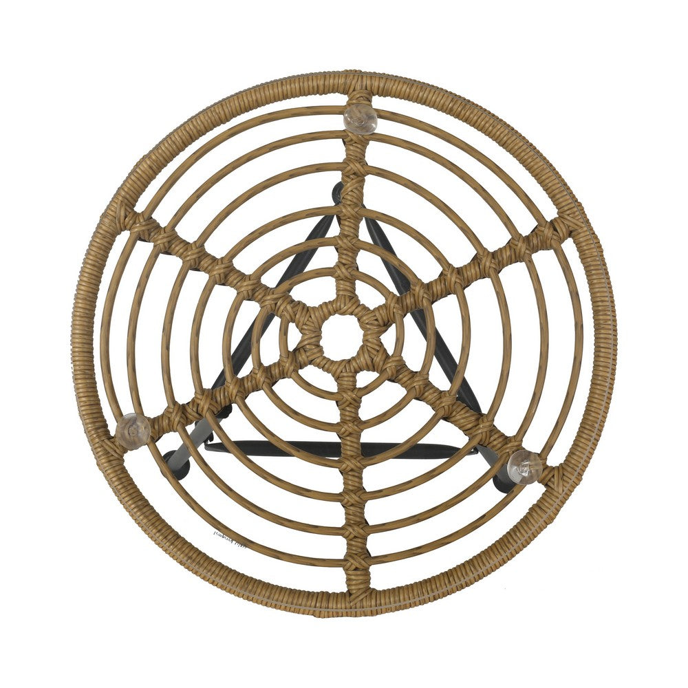 Tee Outdoor Side End Table, 20 Inch Rattan Weave, Glass Top, Steel