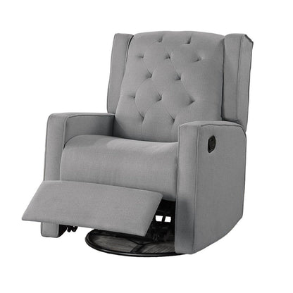 Manie Swivel Glider Manual Recliner, Solid Wood, Classic Gray Burlap