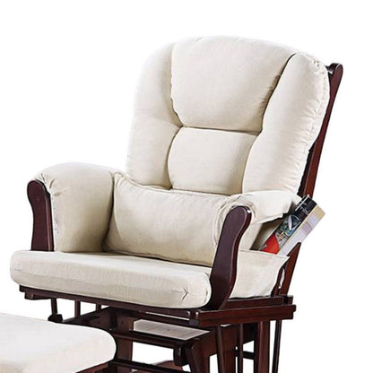 Noni Glider Manual Recliner Chair w Ottoman, Brown Wood, Square Beige