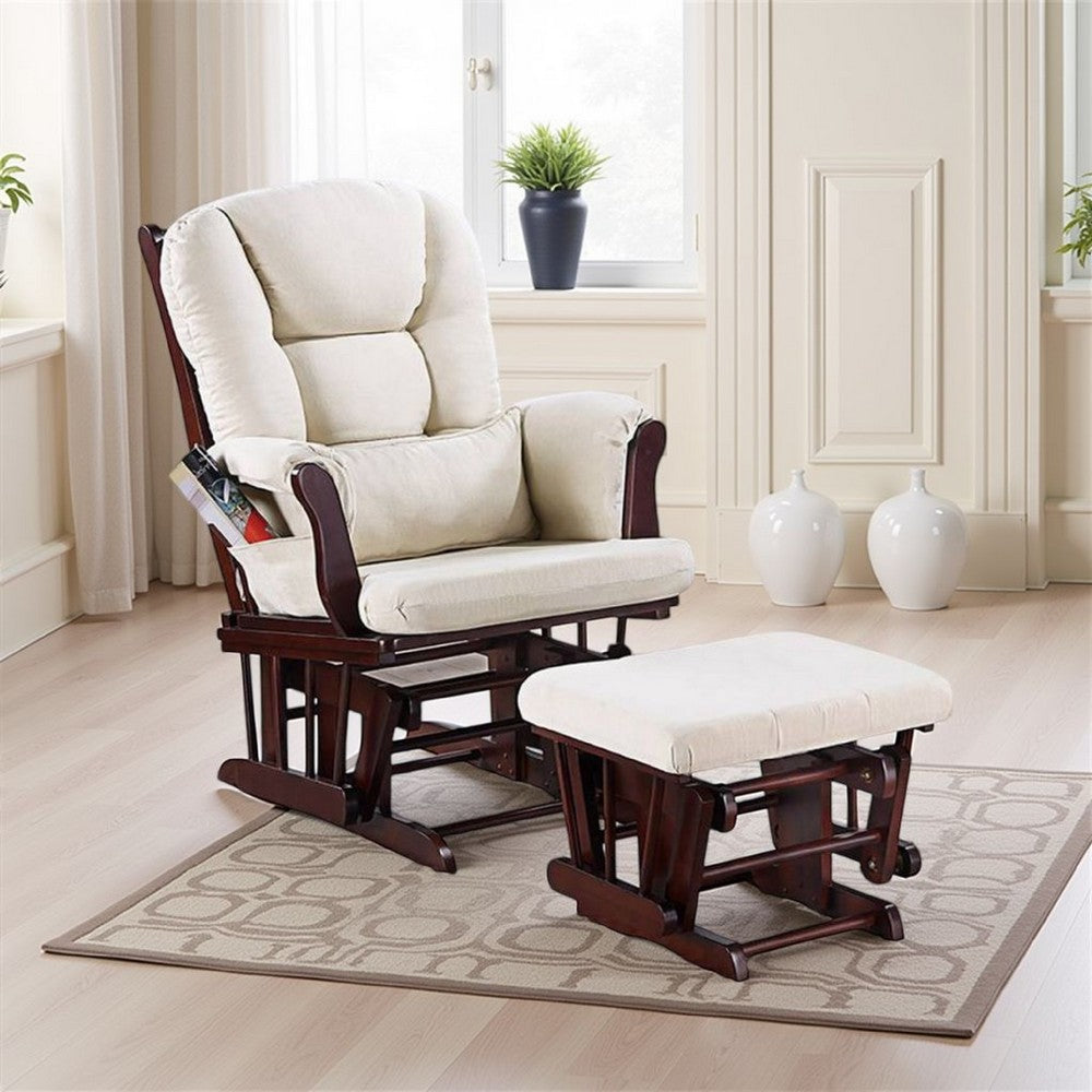 Noni Glider Manual Recliner Chair w Ottoman, Brown Wood, Square Beige
