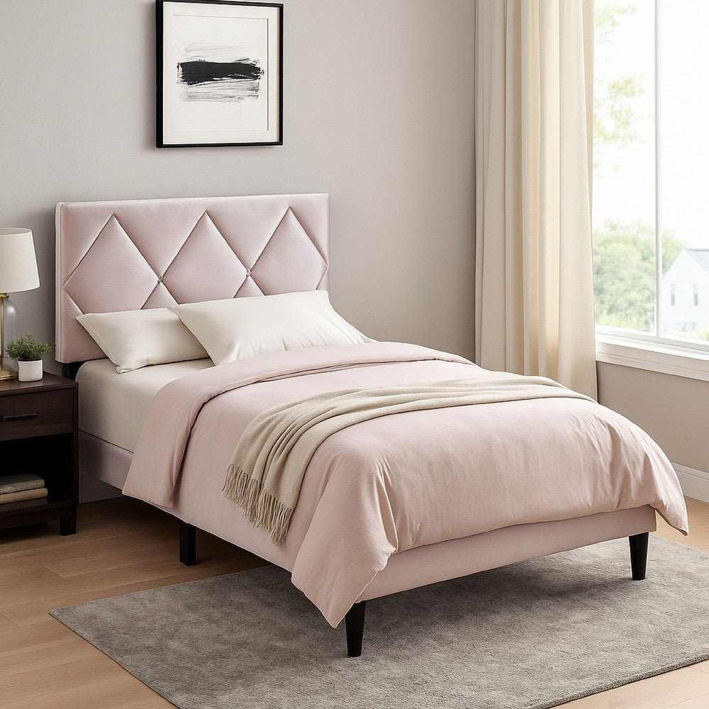 Lilian Full Bed, Tufted Light Pink Velvet Upholstery, Chevron Stitch