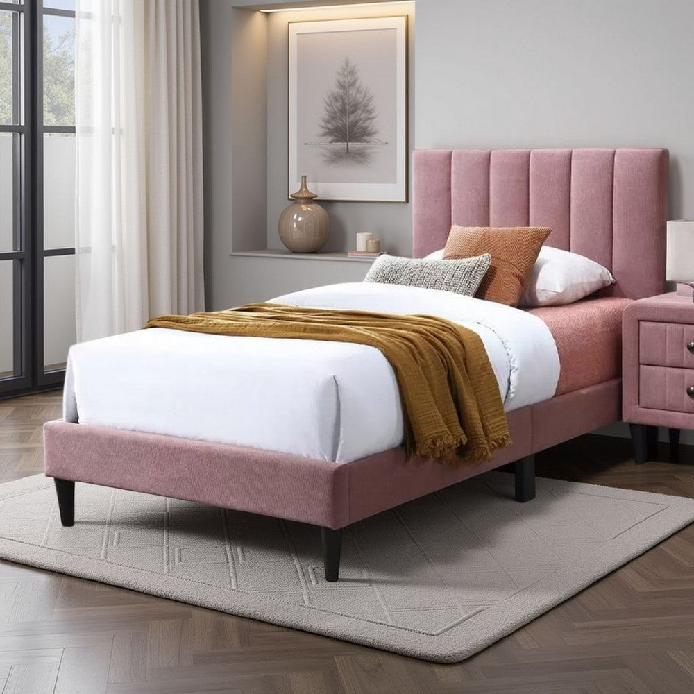Lilian Bed, Blush Pink Linen Upholstery, Channel Tufted – Twin