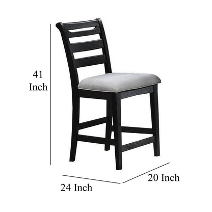 Remus Counter Height Chairs, Set of 2, Ladder Back, Black Embossed Wood, Gray Fabric
