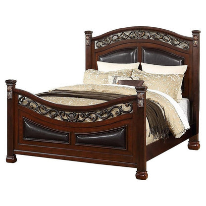 Meo Queen Size Bed, Padded Carved Dark Brown Faux Leather Upholstered