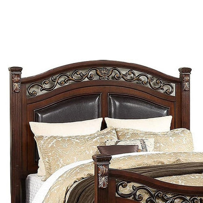 Meo Queen Size Bed, Padded Carved Dark Brown Faux Leather Upholstered