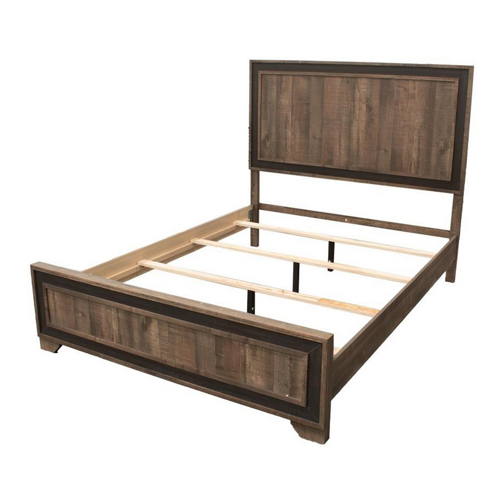 Modern Queen Size Bed w Tall Panel Headboard, Rustic Brown Wood