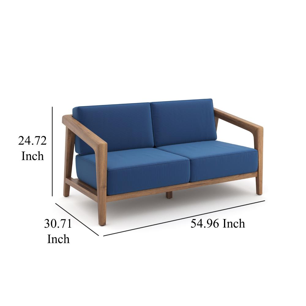 Nea Outdoor Loveseat, Dark Blue, Natural Brown Acacia Wood 55 Inch