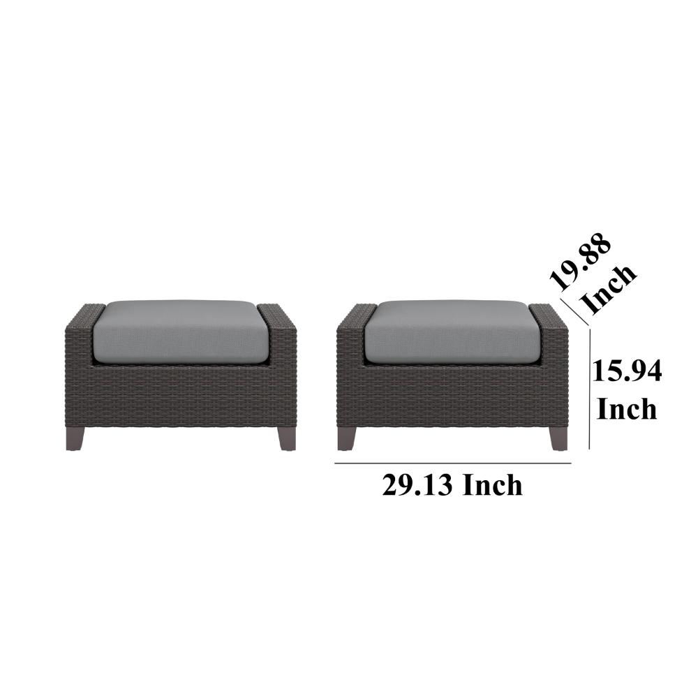 Kyl Outdoor Ottoman Set of 2, 29 Inch Gray Cushioned Top w Woven Frame