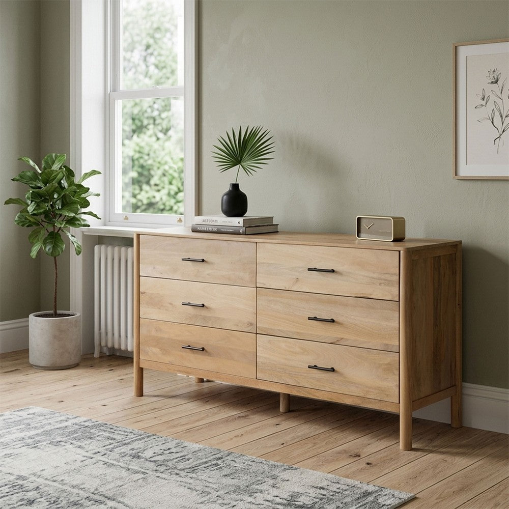 Geti 6 Drawers, 66 Inch Wide Dresser, Handcrafted Natural Oak White Mango Wood, Black Handles