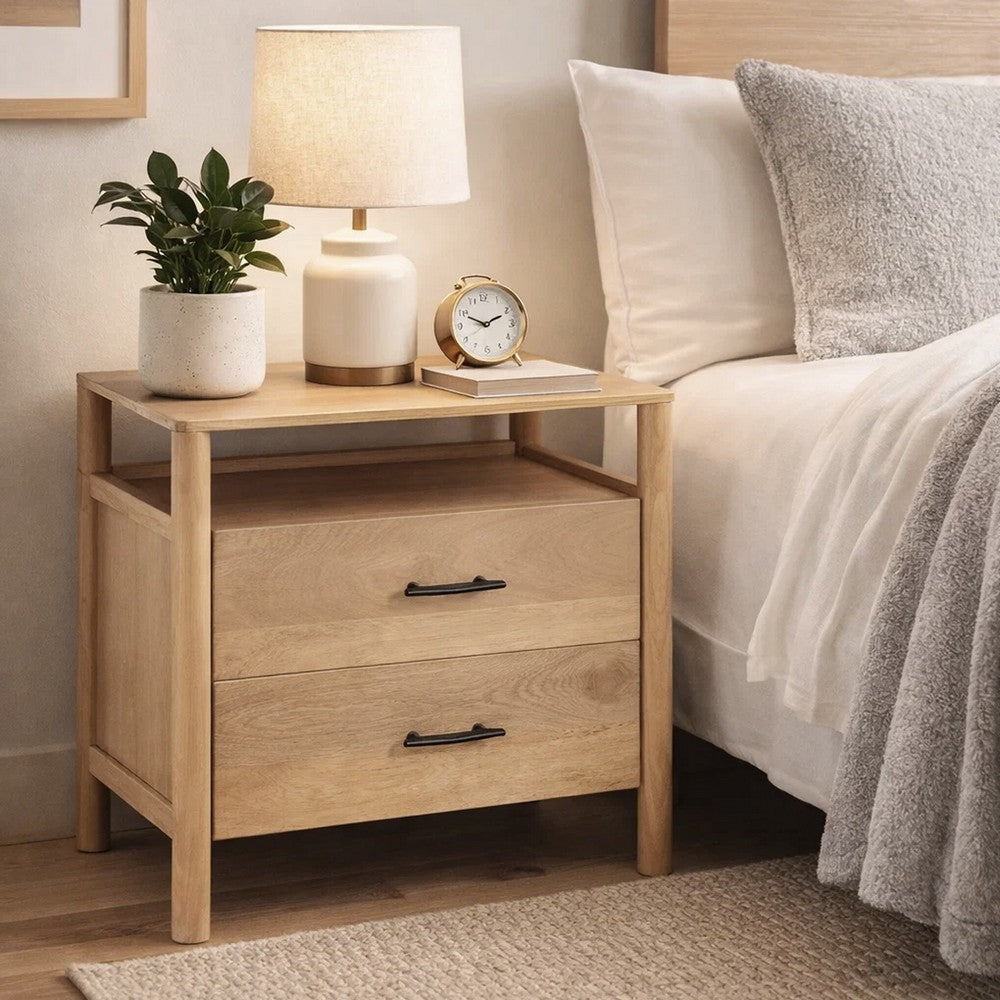 Geti 29 Inch Bedside Nightstand Table, Handcrafted Natural Oak White Mango Wood, 2 Drawer, Open Shelf