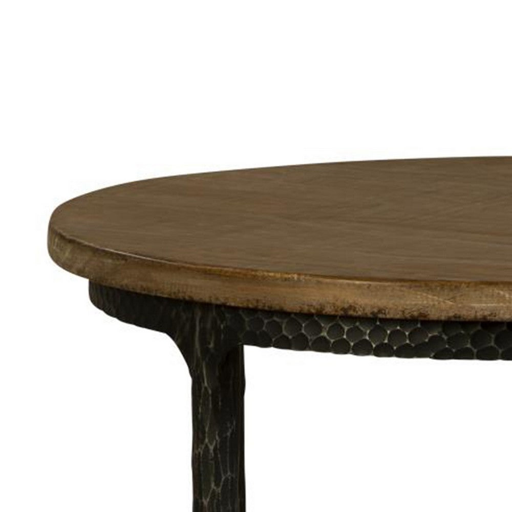 Lemy Side End Table, 22 Inch Rustic Round Brown Top, Black Metal Legs