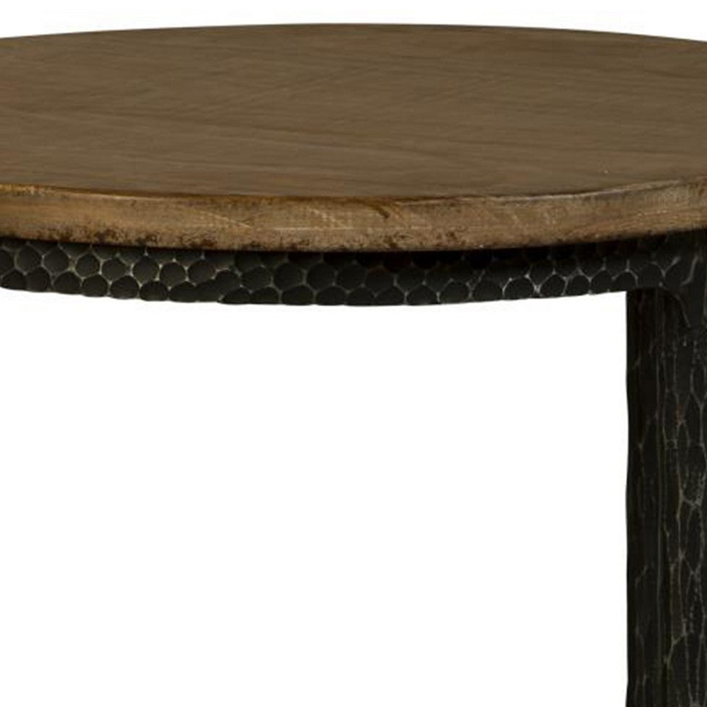 Lemy Side End Table, 22 Inch Rustic Round Brown Top, Black Metal Legs