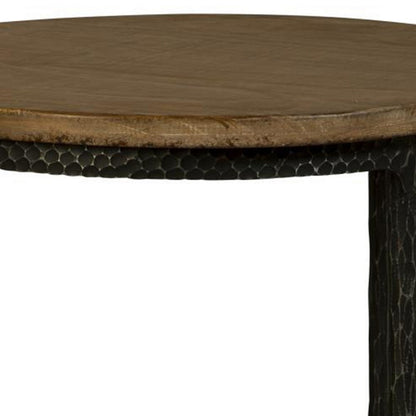 Lemy Side End Table, 22 Inch Rustic Round Brown Top, Black Metal Legs