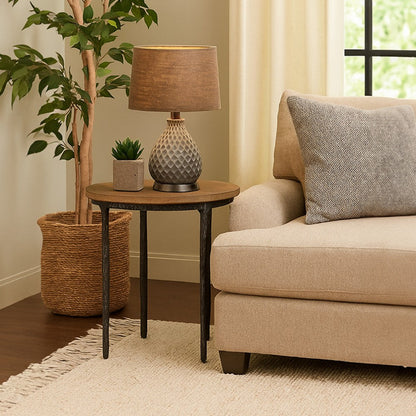 Lemy Side End Table, 22 Inch Rustic Round Brown Top, Black Metal Legs