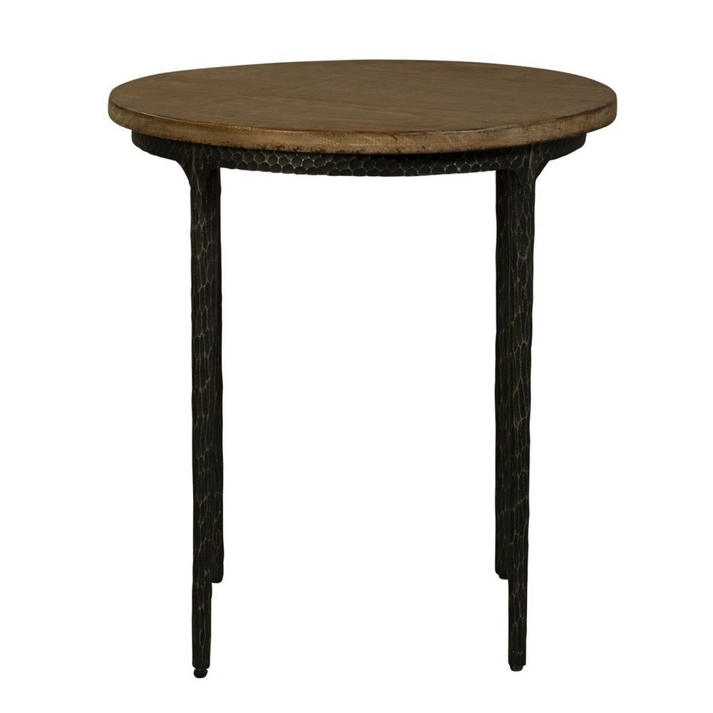 Lemy Side End Table, 22 Inch Rustic Round Brown Top, Black Metal Legs