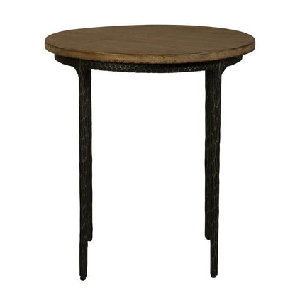 Lemy Side End Table, 22 Inch Rustic Round Brown Top, Black Metal Legs
