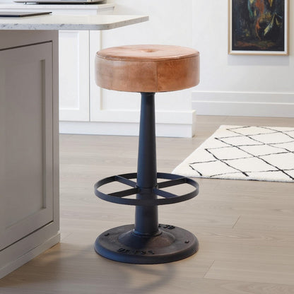 Counter Stool, Brown Goat Leather, Round Footrest, Black Iron Pedestal