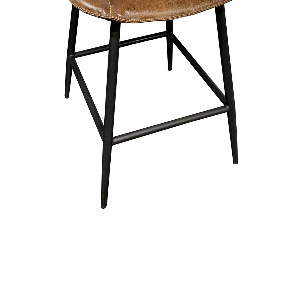 Swivel Counter Stool Chair, Brown Faux Leather Upholstery, Black Iron