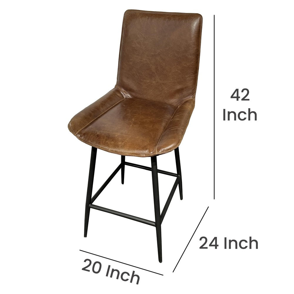 Swivel Counter Stool Chair, Brown Faux Leather Upholstery, Black Iron