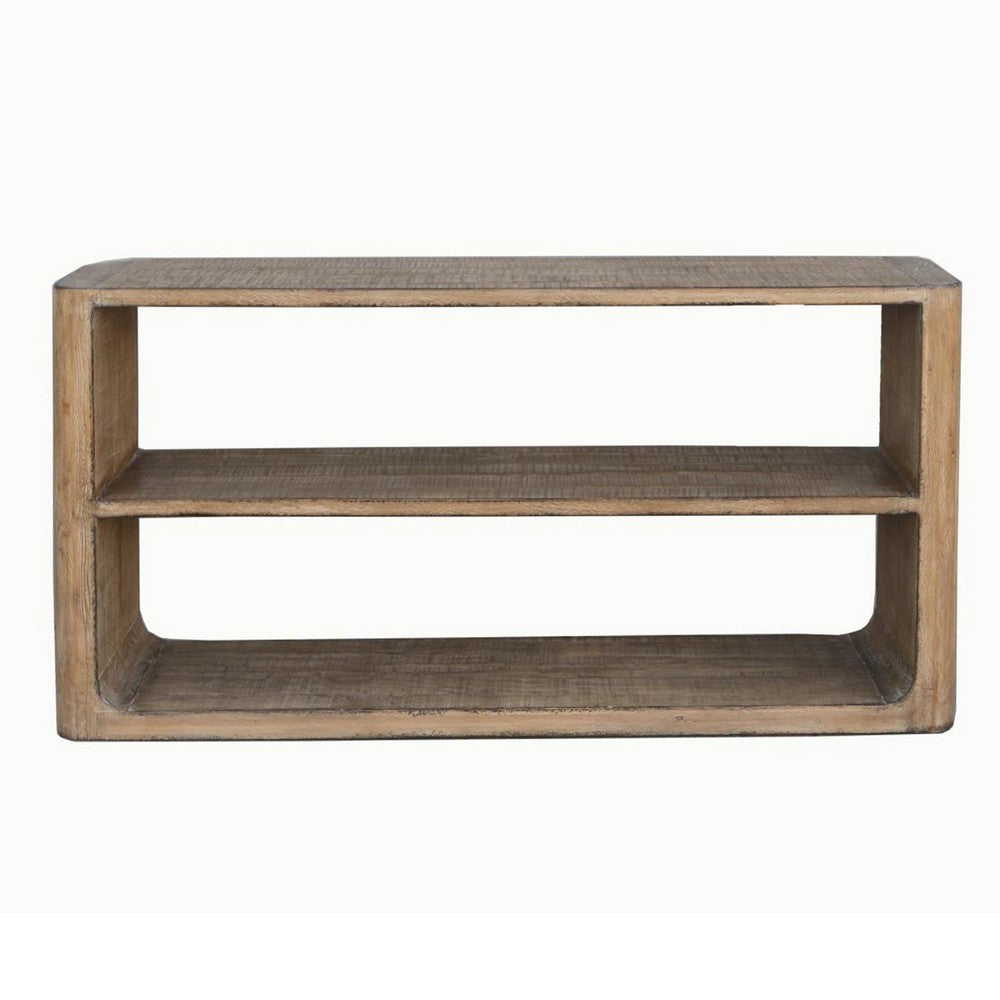 Roki Sofa Console Table w 2 Shelf, 60 Inch Natural Brown Pine Wood Top