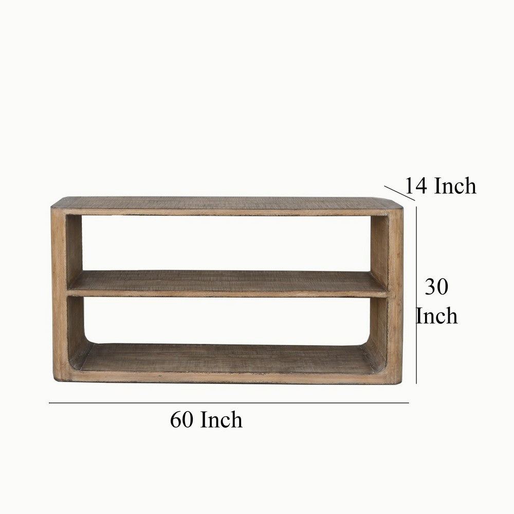Roki Sofa Console Table w 2 Shelf, 60 Inch Natural Brown Pine Wood Top