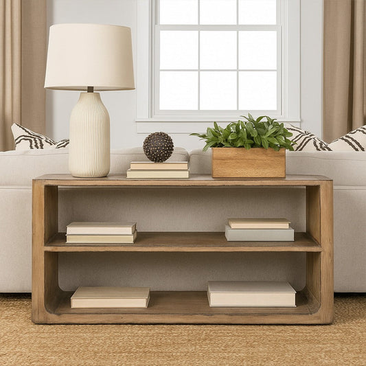 Roki Sofa Console Table w 2 Shelf, 60 Inch Natural Brown Pine Wood Top