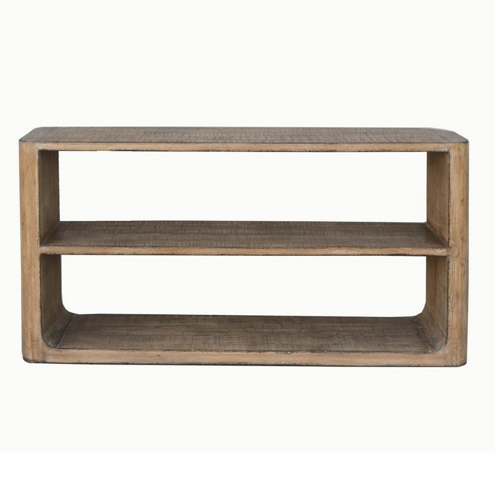 Roki Sofa Console Table w 2 Shelf, 60 Inch Natural Brown Pine Wood Top