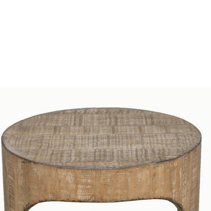 Roki Side End Table w Shelf, 22 Inch Natural Brown Pine Wood Round Top