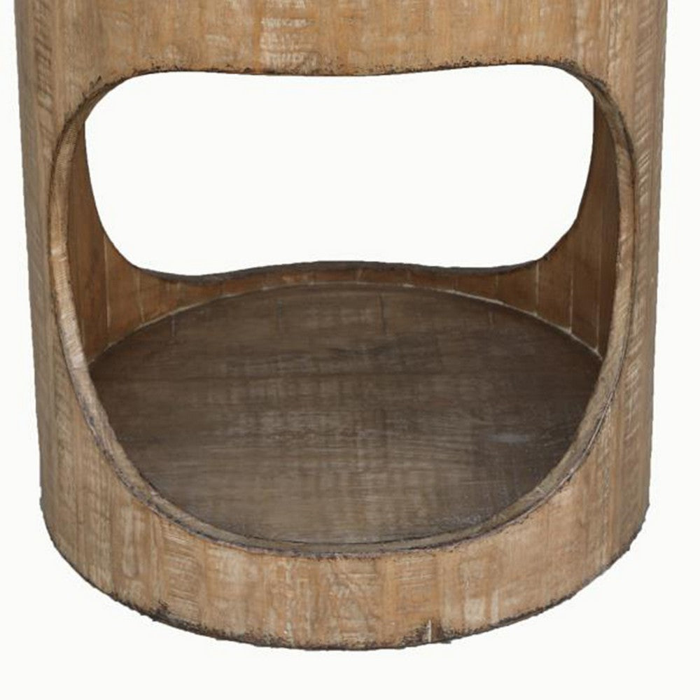 Roki Side End Table w Shelf, 22 Inch Natural Brown Pine Wood Round Top
