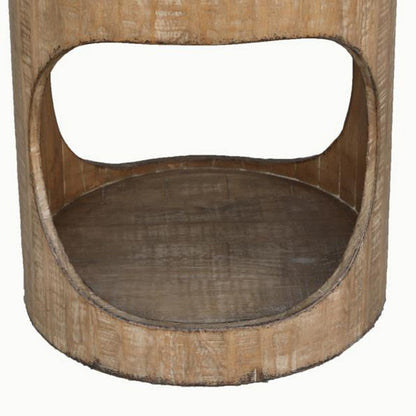Roki Side End Table w Shelf, 22 Inch Natural Brown Pine Wood Round Top