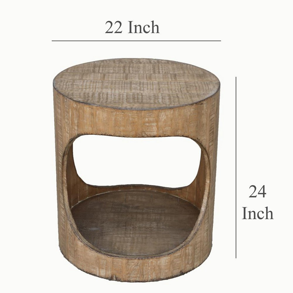 Roki Side End Table w Shelf, 22 Inch Natural Brown Pine Wood Round Top