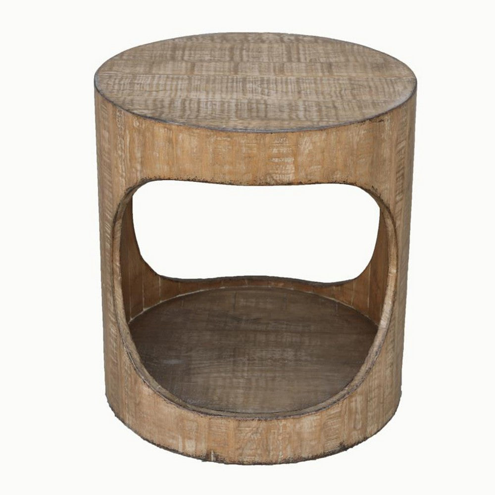 Roki Side End Table w Shelf, 22 Inch Natural Brown Pine Wood Round Top