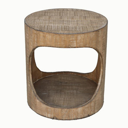 Roki Side End Table w Shelf, 22 Inch Natural Brown Pine Wood Round Top
