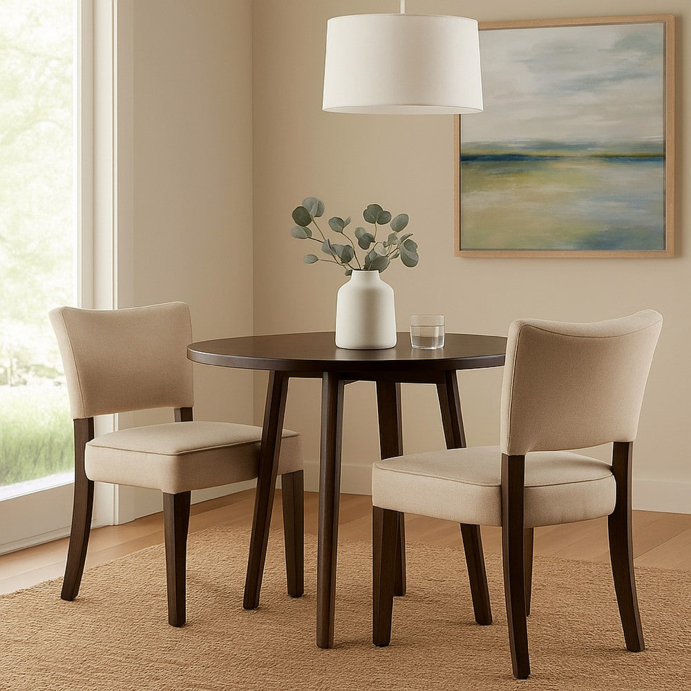 Rea Dining Side Chair Set of 2, Beige Fabric, Oak Brown Solid Wood