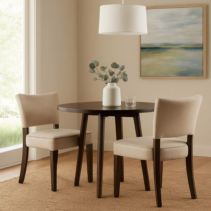 Rea Dining Side Chair Set of 2, Beige Fabric, Oak Brown Solid Wood