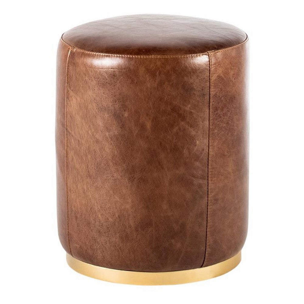 Fury Round Ottoman, Brown Faux Leather Upholstery, Brass Accent Trim