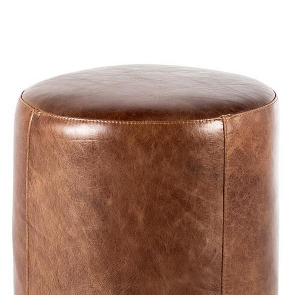 Fury Round Ottoman, Brown Faux Leather Upholstery, Brass Accent Trim