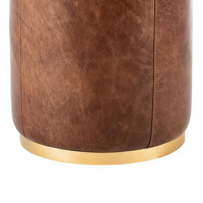 Fury Round Ottoman, Brown Faux Leather Upholstery, Brass Accent Trim