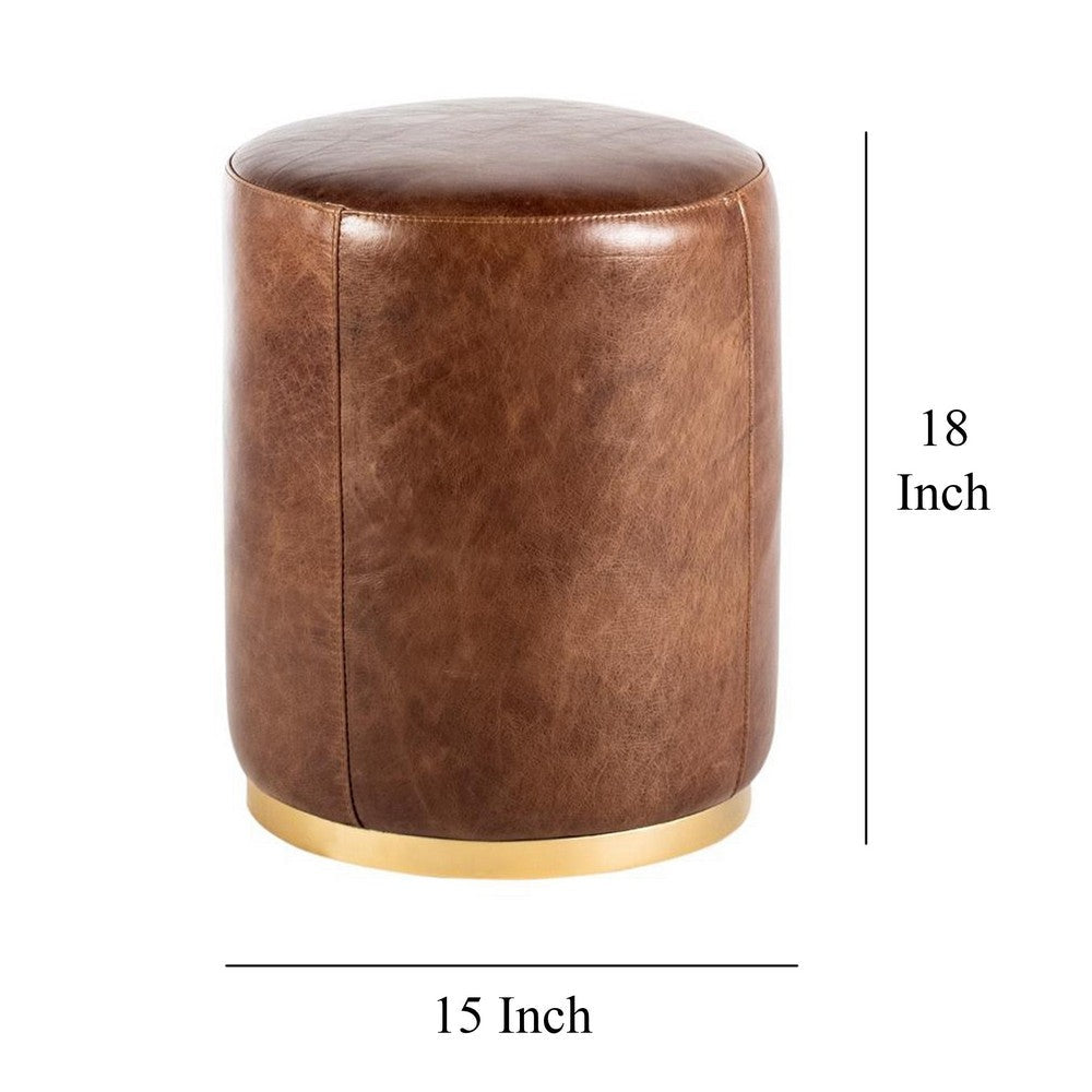Fury Round Ottoman, Brown Faux Leather Upholstery, Brass Accent Trim