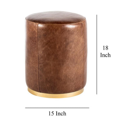 Fury Round Ottoman, Brown Faux Leather Upholstery, Brass Accent Trim